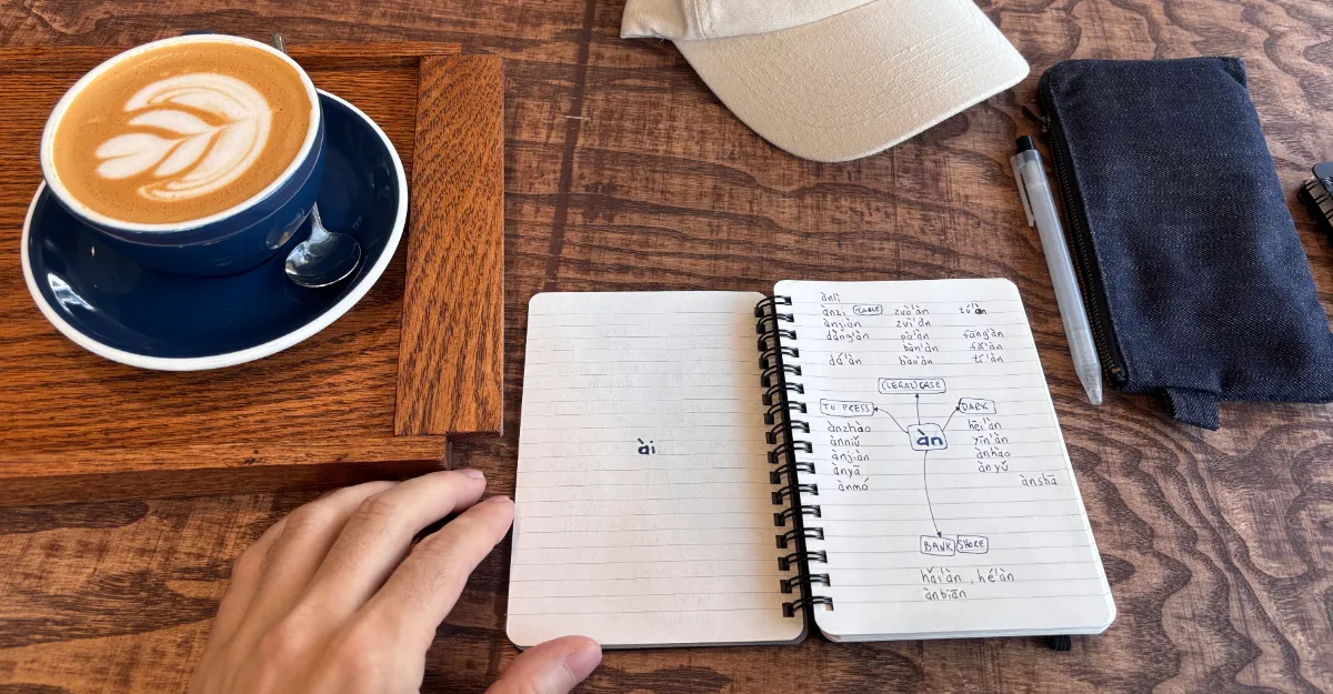 Hand-drawn Mandarin semantic word map on paper with coffee